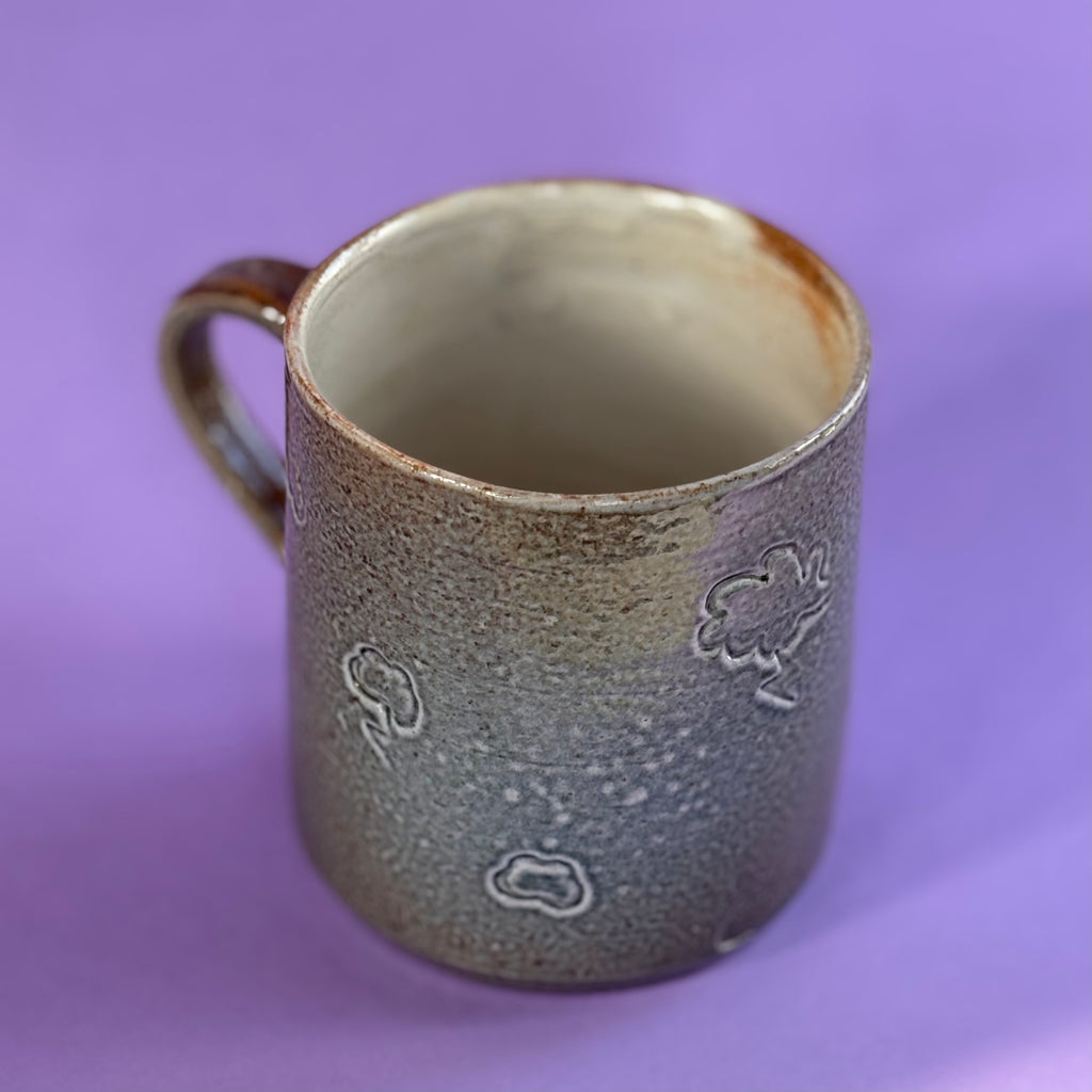 Salt fired mug with sprayed ash glaze