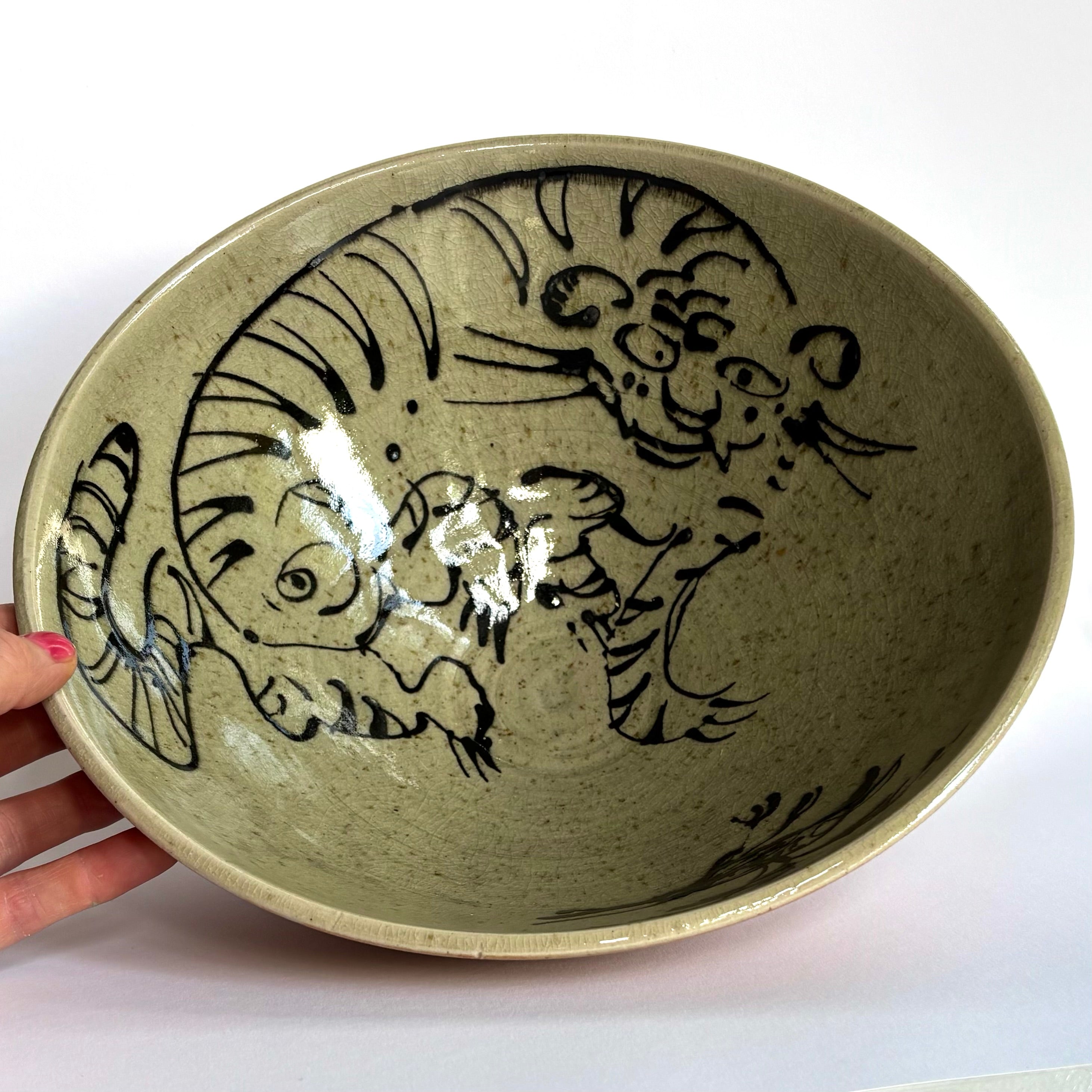 Large salt fired stoneware tiger bowl
