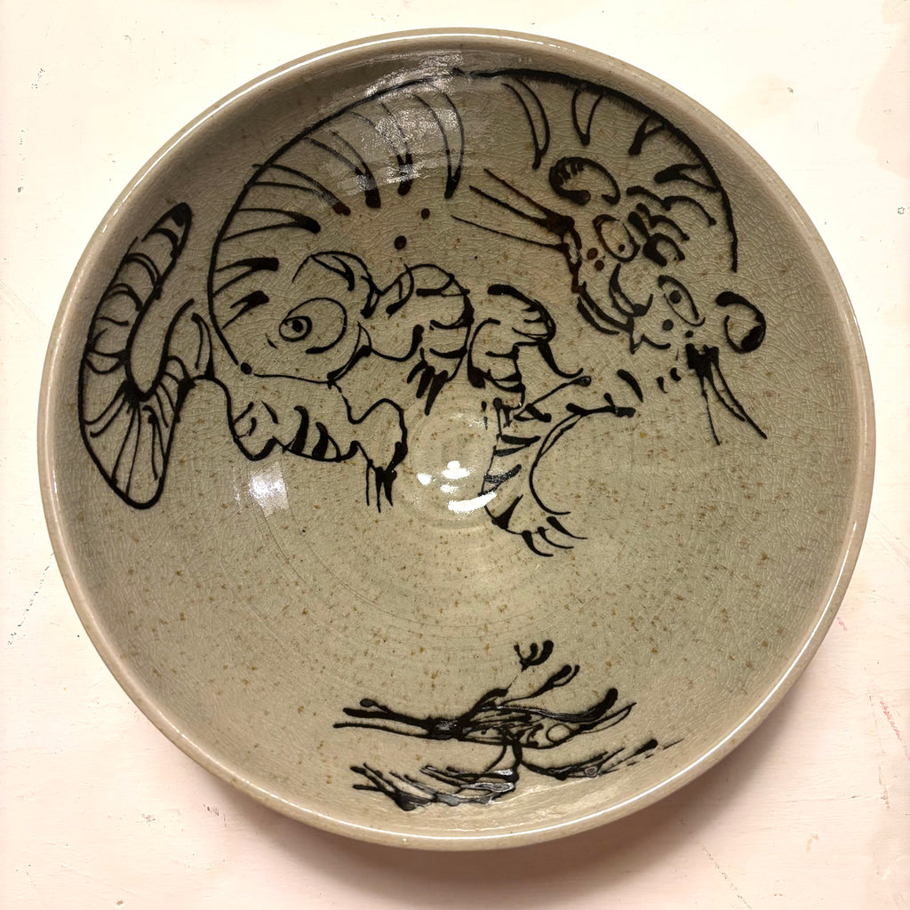 Large salt fired stoneware tiger bowl