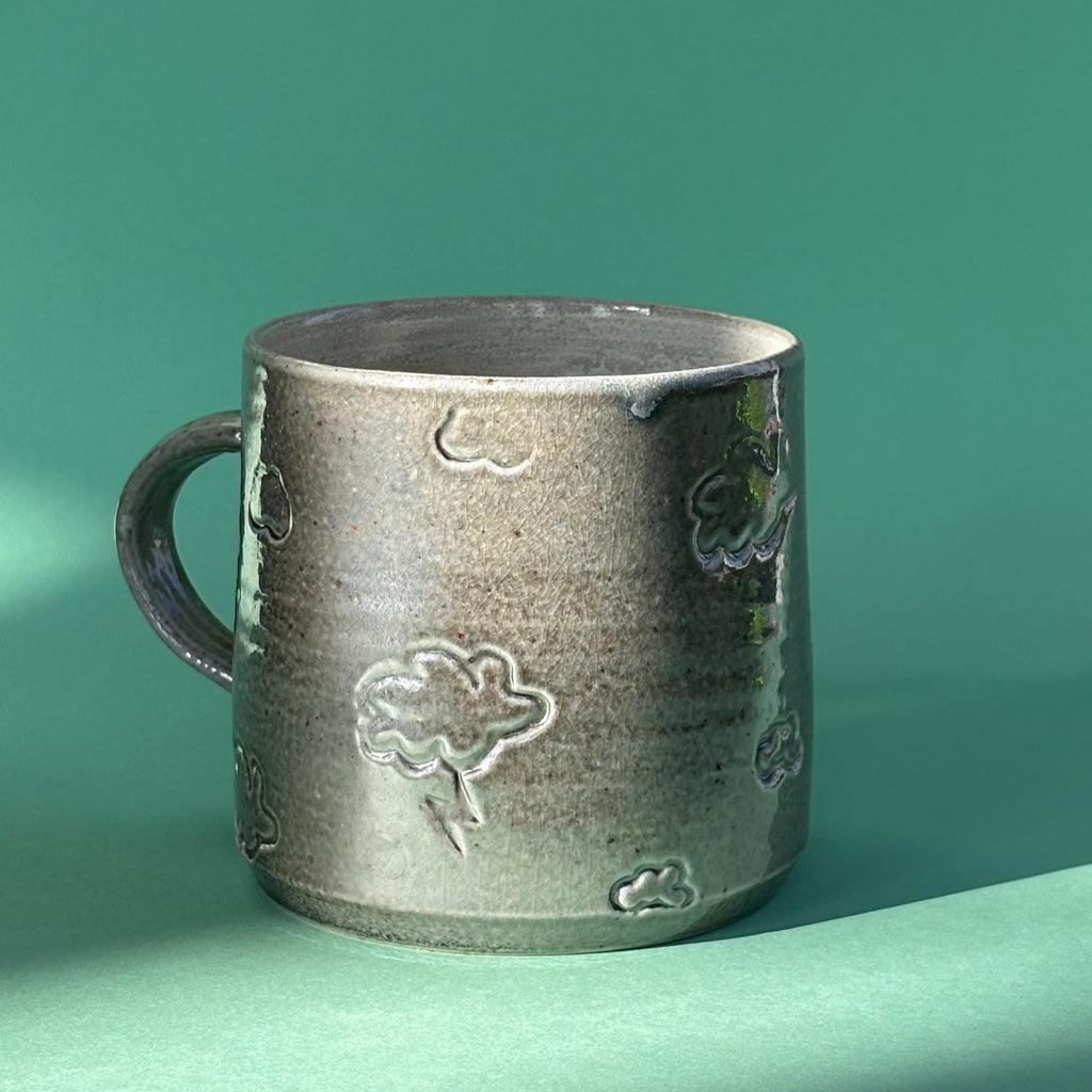 Salt fired mug with sprayed ash glaze
