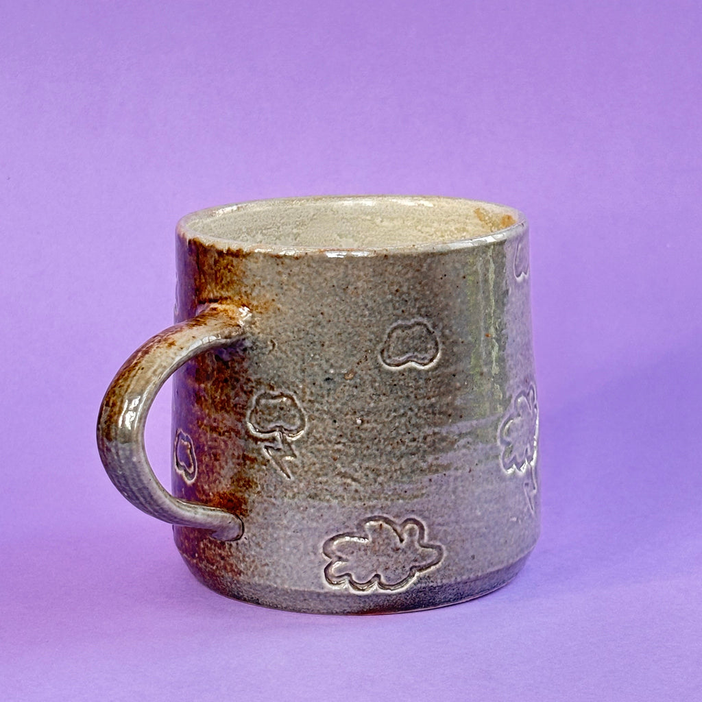 Salt fired mug with sprayed ash glaze